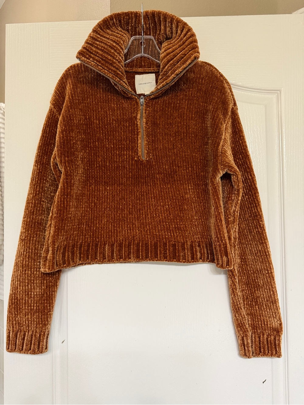 Thread & Supply Elena Copper Chenille Half Zip Cropped Sweater Funnel Neck Smal